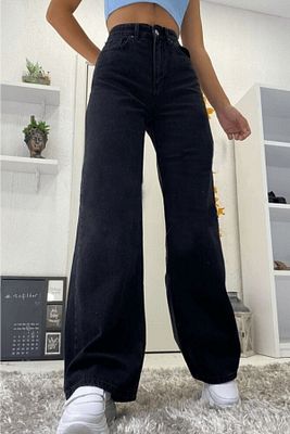 Yüksek Bel Siyah Kot Pantolon Siyah Salaş Jeans Likralı Esnek Palazzo ürün fotoğrafı
