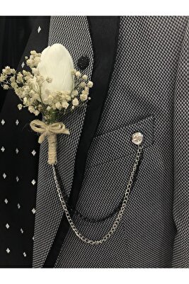 Beyaz Lale Yaka Çiçeği Ve Zincir - Sağdıç Çiçeği - Damat Çiçeği – Yaka Iğnesi ürün fotoğrafı