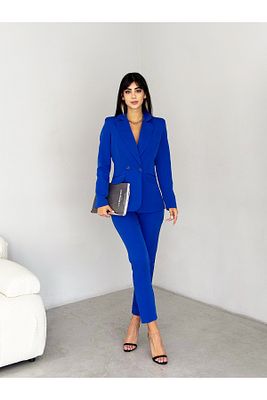 Saks Mavi Kruvaze Blazer Ceket Havuç Pantolon Takım Elbise ürün fotoğrafı