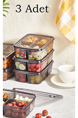 3 Adet Füme Large Dondurulmuş 4 Bölmeli Öğünlük Et Ve Sebze Saklama Kabı Kıyma Kutusu ürün fotoğrafı