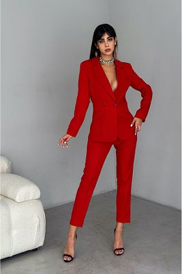 Kırmızı Kruvaze Blazer Ceket Havuç Pantolon Takım Elbise ürün fotoğrafı