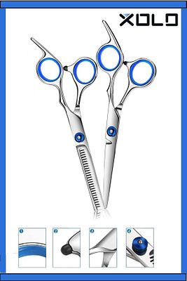 2 li Set Titanium Blue Profesyonel Kuaför Berber 6.5 inç 17 cm Saç Kesim Düz ve Ara Makas Seti ürün fotoğrafı