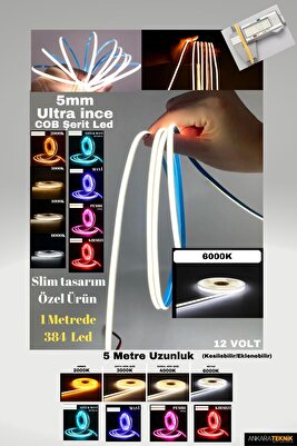 Ultra Ince 5mm. Kalınlık Cob Şerit Led (BEYAZ/6000K) Neon Gibi Yanar. 1 Metrede 384 Led ürün fotoğrafı