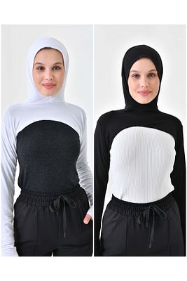 2’li Paket Boneli Boyunluklu Kolluk Siyah Beyaz Kapüşonlu Boyunluk Bere Sporcu Tesettür Bone ürün fotoğrafı