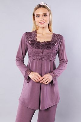 Kadın Mürdüm Dantelli Lohusa Pijama Takım ürün fotoğrafı