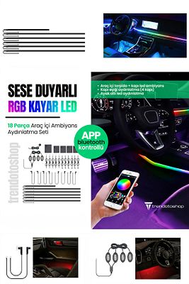 Sese Duyarlı Rgb Kayar Led Araç Içi Ambiyans Şeritleri App Bluetooth Kontrollü 13 Parça şerit led ürün fotoğrafı