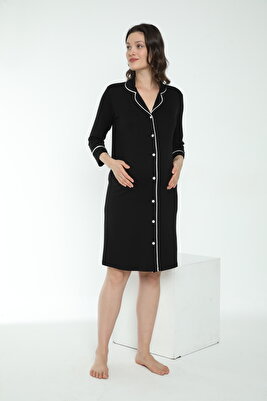 Siyah Gömlek Yaka Önden Düğmeli Hamile ve Lohusa Gecelik ürün fotoğrafı