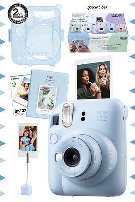 Instax mini 12 Mavi Fotoğraf Makinesi-10'lu Film-Kıskaçlı Stand-PVC Albüm ve Simli Pleksi Kılıf Seti ürün fotoğrafı