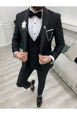 Battal Boy Erkek Smokin Damatlık Şal Yaka İtalyan Kesim Slim Fit Ceket Yelek Pantolon Papyon-Siyah ürün fotoğrafı