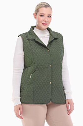 Kadın Büyük Beden Polo Yaka Haki Kapitone Yelek 1028 ürün fotoğrafı