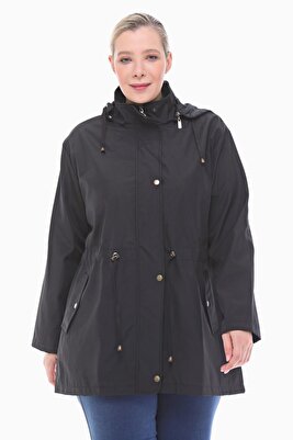 Kadın Büyük Beden Kapüşonlu Siyah Kısa Trençkot 1001 ürün fotoğrafı