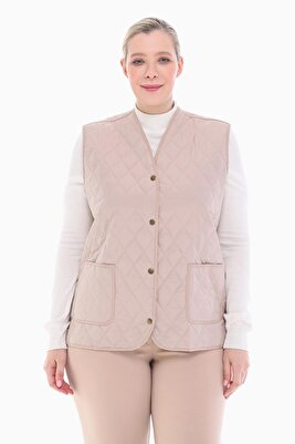 Kadın Büyük Beden Ekose Açık Bej Kapitone Yelek 1037 ürün fotoğrafı