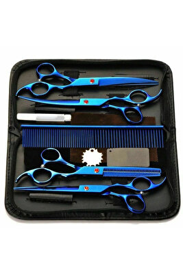 8 Parça 7.0 Inch 18 Cm Deri Çantalı Mavi Pet shop Evcil Hayvan Kedi Köpek Traş Kuaför Makas Seti ürün fotoğrafı