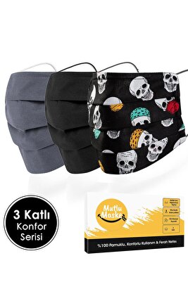 Konfor Serisi Lacivert Siyah Renkli Kuru Kafa Desenli Pamuklu Kumaş Yıkanabilir Bez Maske 3'lü Set ürün fotoğrafı