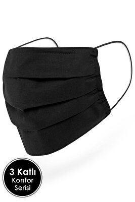 Konfor Modeli 3 Katlı Uzun Burun Telli Siyah Renkli Unisex %100 Pamuklu Kumaş Yıkanabilir Maske ürün fotoğrafı