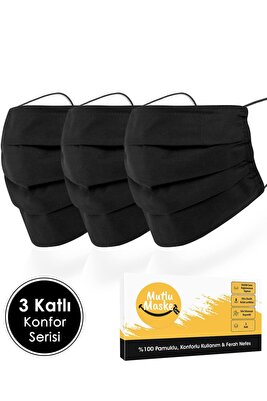 Konfor Modeli 3 Katlı Burun Telli %100 Pamuklu Kumaş Siyah Renkli Yıkanabilir Bez Maske 3'lü Paket ürün fotoğrafı