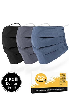 Konfor Serisi 3 Katlı Telli Siyah Gri Lacivert Renkli Pamuklu Kumaş Yıkanabilir Bez Maske 3'lü Set ürün fotoğrafı
