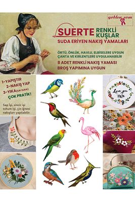 Suerte Yapışkanlı Suda Eriyen Nakış Yamaları, Renkli Kuşlar, 8ad. Nakış Etiketi, Suda Eriyen Tela ürün fotoğrafı