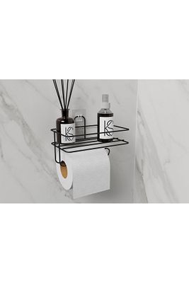 Yapışkanlı Raflı Siyah Tuvalet Kağıtlığı Tutacağı Askısı Metal Tuvalet Kağıtlık Wc Kağıt Tutacağı ürün fotoğrafı