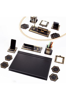 Roxy Siyah Deri Sümen Takımı Gold Mermer Desen Ahşap Isme Özel Masa Isimliği Masaüstü Isimlik Seti ürün fotoğrafı