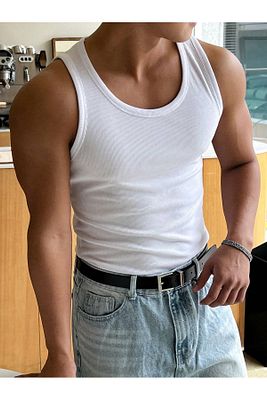 Erkek Beyaz Slimfit Kaşkorse Tank Top Atlet ürün fotoğrafı