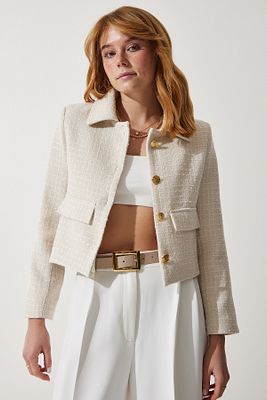 Kadın Kemik Crop Tüvit Blazer Ceket TO00039 ürün fotoğrafı
