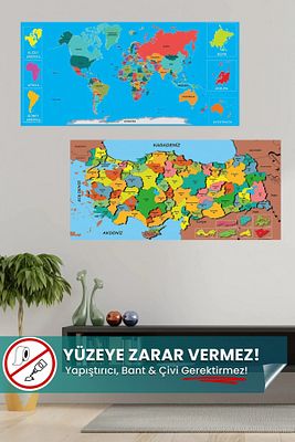 Renkli Dünya Ve Türkiye Haritası - Yapışkansız Tutunan, Yeri Değiştirilebilir, Statik Akıllı Kağıt ürün fotoğrafı