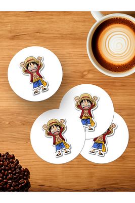 One Piece Anime Dizi Monkey D. Luffy Sticker 4'lü Ahşap Bardak Altlığı ürün fotoğrafı
