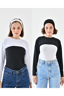 4’lü Set Bandanalı Siyah Beyaz Sıfır Yaka Uzun Kol Boyunluklu Kolluk | Crop Bluz Bolero Şık Tasarım ürün fotoğrafı