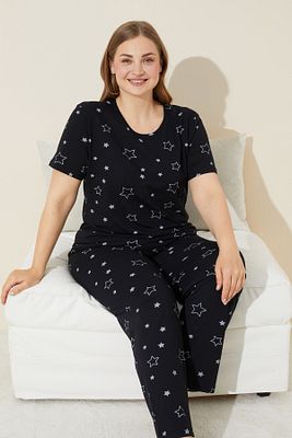 siyah yıldız desenli Curve Büyük Beden Battal Boy Kısa Kollu Pamuklu Pijama Takımı ürün fotoğrafı