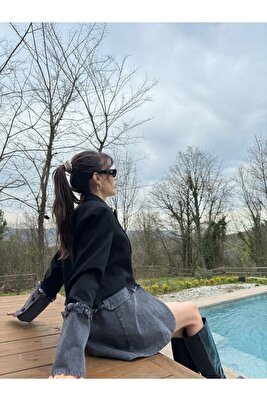 Denim Detaylı Astarlı Kadın Ceket Oversize Blazer - Three County Cairn ürün fotoğrafı