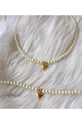 2'li Incili Gold Kalp Uçlu Kolye Ve Bileklik Set ürün fotoğrafı