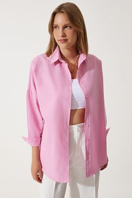 Kadın Pembe Oversize Uzun Basic Gömlek  DD00842 ürün fotoğrafı