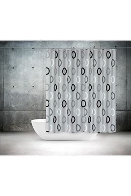 Polyester Kumaş Geometrik Desen Gri Banyo Perdesi Yerli Üretim Duş Perdesi Plastik C-halka Hediye ürün fotoğrafı