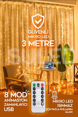 Perde Led 3x3 Metre Kumandalı 8 Mod Ambiyans Ayarlabilir Boy Dekor Mikro Led Işık Perde ürün fotoğrafı