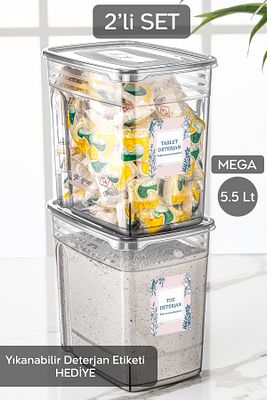 2'li Mega Etiketli Deterjan Saklama Kutusu Lena Pratik Kapaklı Tablet Deterjan Saklama Kabı 2x5,5 Lt ürün fotoğrafı