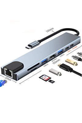 8in1 USB Type-C Hub Port Adaptör uyumlu HDMI USB Ethernet 100W PD Girişli ürün fotoğrafı