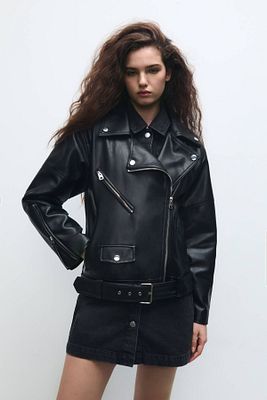 Oversize Suni Deri Biker Ceket ürün fotoğrafı