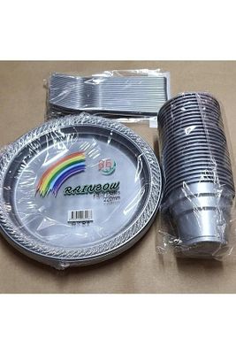 Gümüş Tabak Bardak Çatal Seti Plastik 25 Kişilik Kullan At ürün fotoğrafı