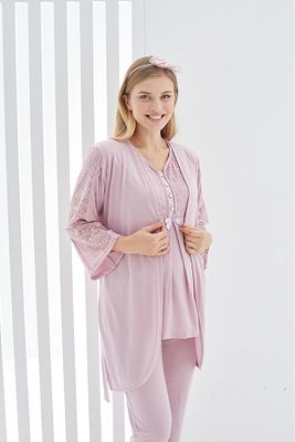 Sabahlıklı 3'Lü Pijama Takımı Lohusa(Hamile)  Düğmeli Yaka ürün fotoğrafı