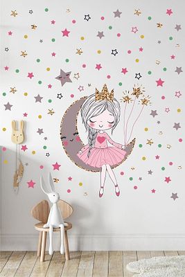 Ayda Oturan Sevimli Kız Ve 150 Adet Yıldız Ve Puantiyeler Kız Çocuk Odası Mega Duvar Sticker Seti ürün fotoğrafı