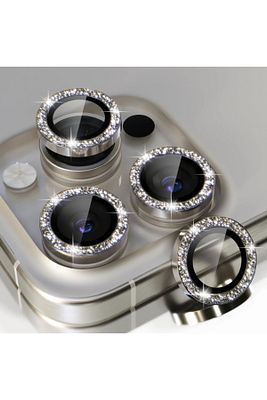 Iphone 15 Pro/15 Promax  Uyumlu Kamera Koruma Taşlı Lens Koruyucu Temperli Cam Koruma Titanium ürün fotoğrafı