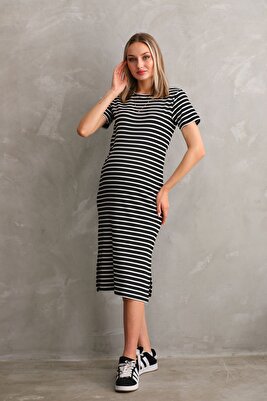 Kısa Kol Bisiklet Yaka Fittilli Kaşkorse Çizgili Hamile Elbisesi ürün fotoğrafı