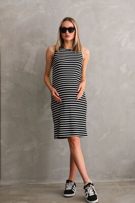 Kolsuz Yuvarlak Yaka Fittilli Kaşkorse Çizgili Midi Hamile ve Lohusa Elbisesi ürün fotoğrafı