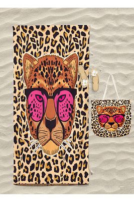 Erayshome Leopar Desenli Plaj Havlusu Ve Plaj Çantası Set Banyo Havlusu Dijital Baskılı Havlu ürün fotoğrafı
