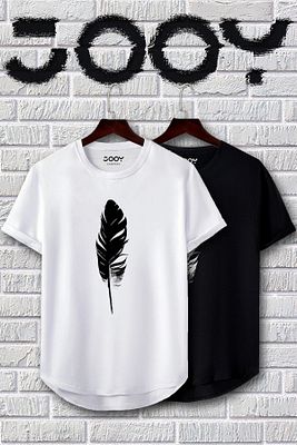 Unisex Siyah Beyaz Oval Kesim Tüy Tasarım Tshirt Ikili Set ürün fotoğrafı