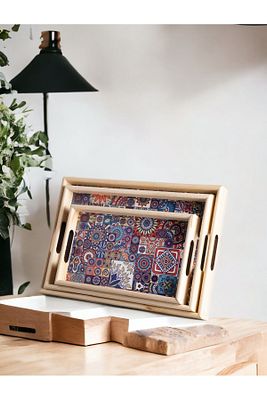 3’lü Ahşap Çini Desen Servis Sunum Tepsisi Çeyizlik Tepsi Seti ürün fotoğrafı