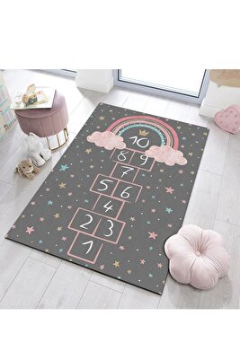 K Dijital Baskı Kaymaz Taban Makinede Yıkanabilir Gri Gökkuşağı Seksek Desenli Çocuk Odası Halısı-3 ürün fotoğrafı