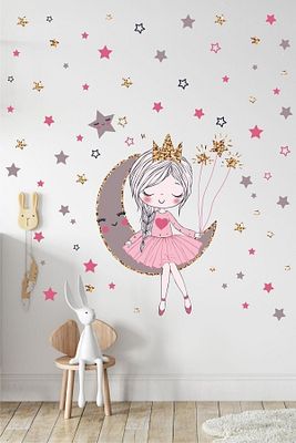 Ayda Oturan Sevimli Kız Çocuk Odası Duvar Sticker Seti ürün fotoğrafı