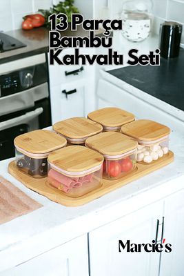 6'lı Bambu Kahvaltılık Seti Cam Hazneli Silikon Vakumlu Kapaklı Tepsi Dahil 13 Parça Sunum Organizer ürün fotoğrafı